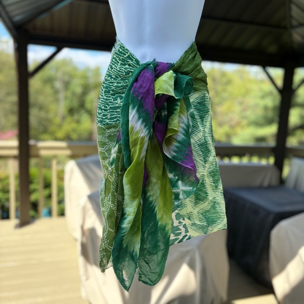 Green/Purple/Cream Abstract Pattern Sarong Wrap, Size: 74”W x 29”L